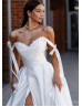 Tie Straps Beaded White Satin Slit Elegant Wedding Dress